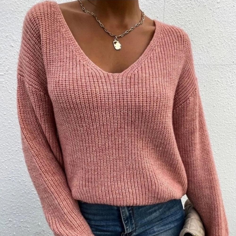 Pink knit sweater with sexy lace up back - Picture 3 of 6